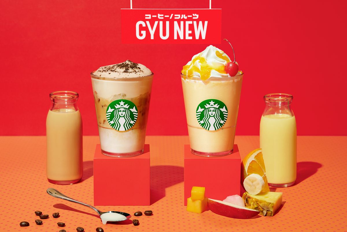  「ふわふわ ムース コーヒー GYU‐NEW」Short 501円／Tall 540円／Grande 579円／ Venti® 618円（持ち帰り）、Short 510円／Tall 550円／Grande 590円／Venti® 630円（店内利用）※一部店舗では「コールドブリュー コーヒー」ではなく「アイス コーヒー」を使用して作成 「フルーツGYU‐NEW フラペチーノ®」Tall 638円（持ち帰り）、Tall 650円（店内利用） ※2商品ともに、スターバックス ミルク（加工乳）を使用。※画像はイメージです。