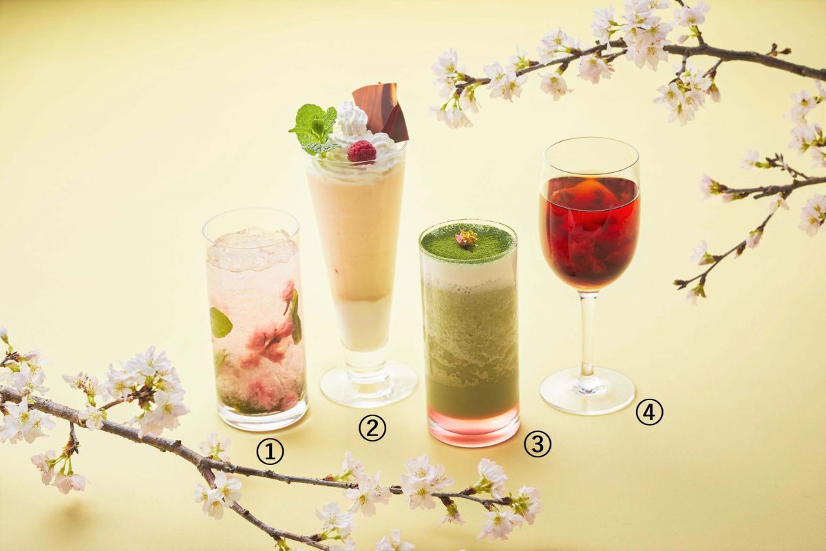 ①さくらの華舞うモヒート②さくらヨーグルトパフェ③春風香る小豆ラテ④さくらの華舞うロシアンティー　各2057円