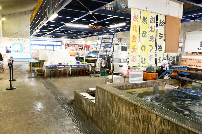 施設中央にあるイケス（水揚げ状況により販売を行っていない場合もあり）