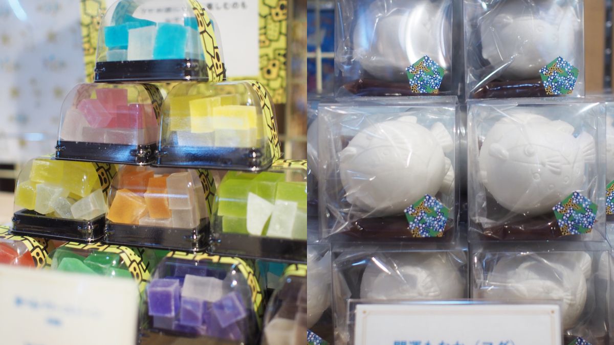 （写真左）「食べるパワーストーン（全10種）」各500円、（写真右）「開運もなか（フグ）」550円