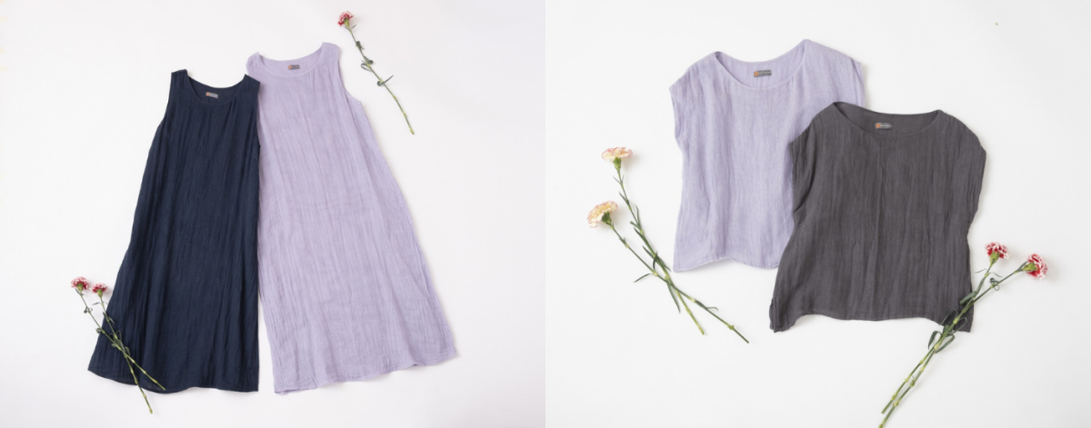 （写真左）「風通し良く柔らかいワンピース」各9350円、（写真右）「風通し良く柔らかいトップス」各5390円