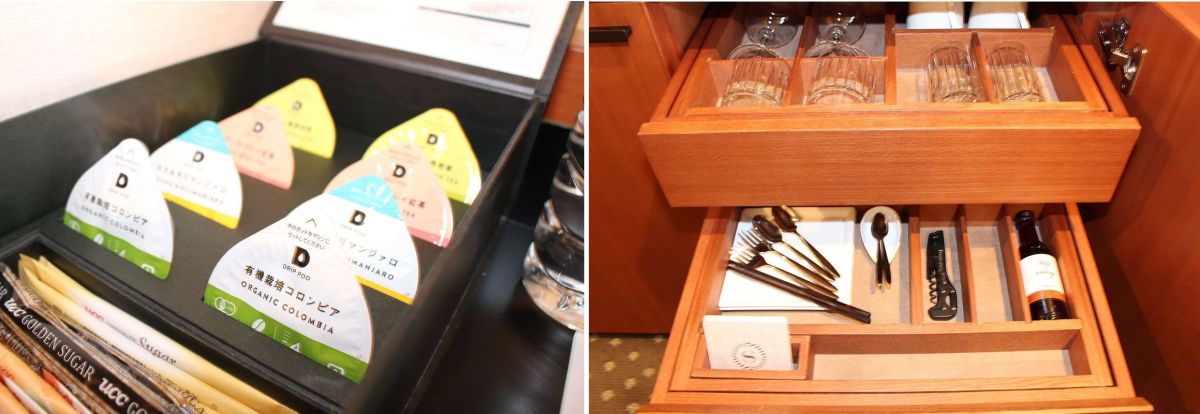 ワイングラスなども用意されているので、お部屋に持ち込んだドリンクでゆっくり過ごすこともできそう！