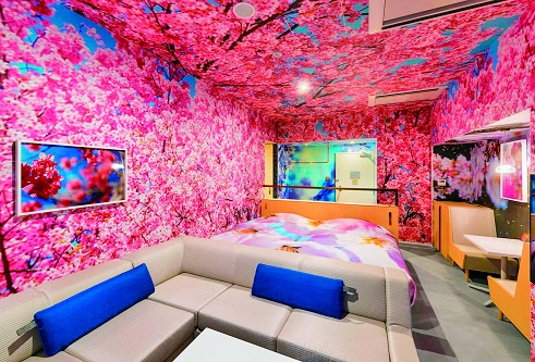 壁紙がピンクの桜の客室