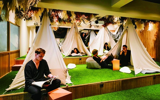 テント式のドミトリースペース