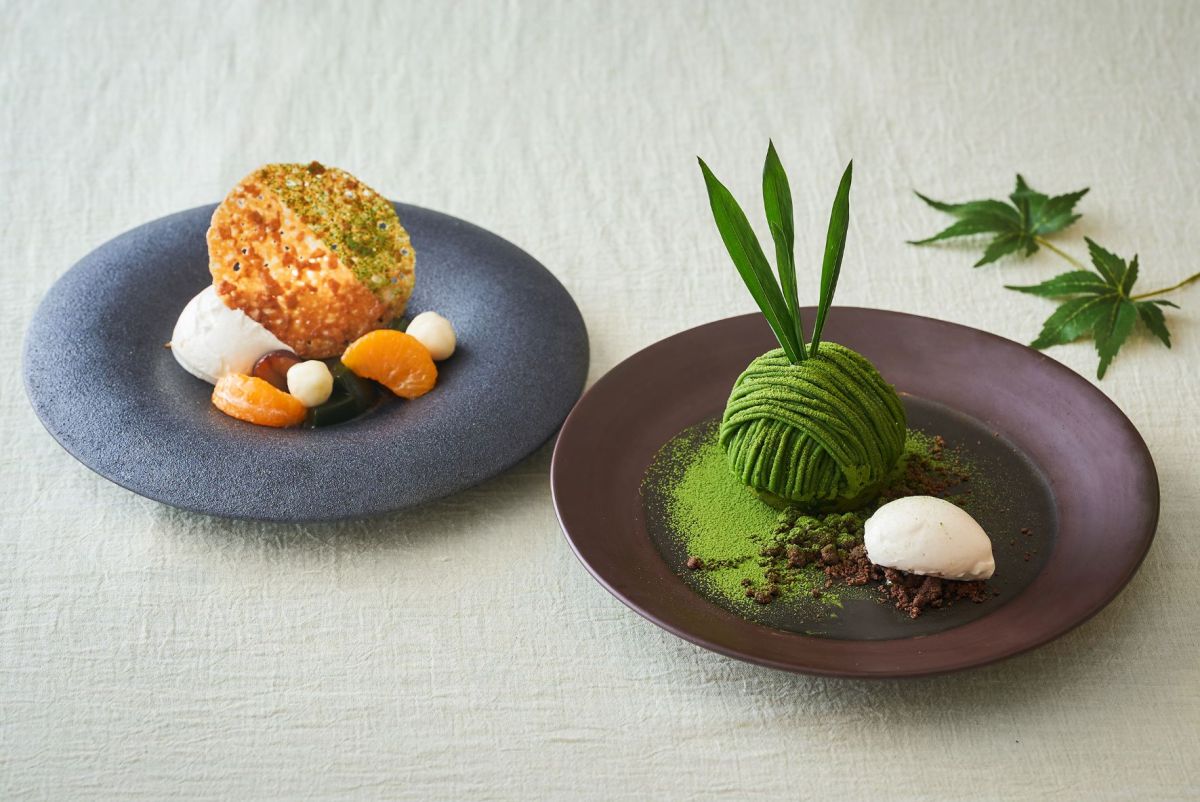 （左より）あんみつ仕立ての宇治ほうじ茶アフォカード／宇治抹茶のモンブラン 和三盆アイスクリームと共に