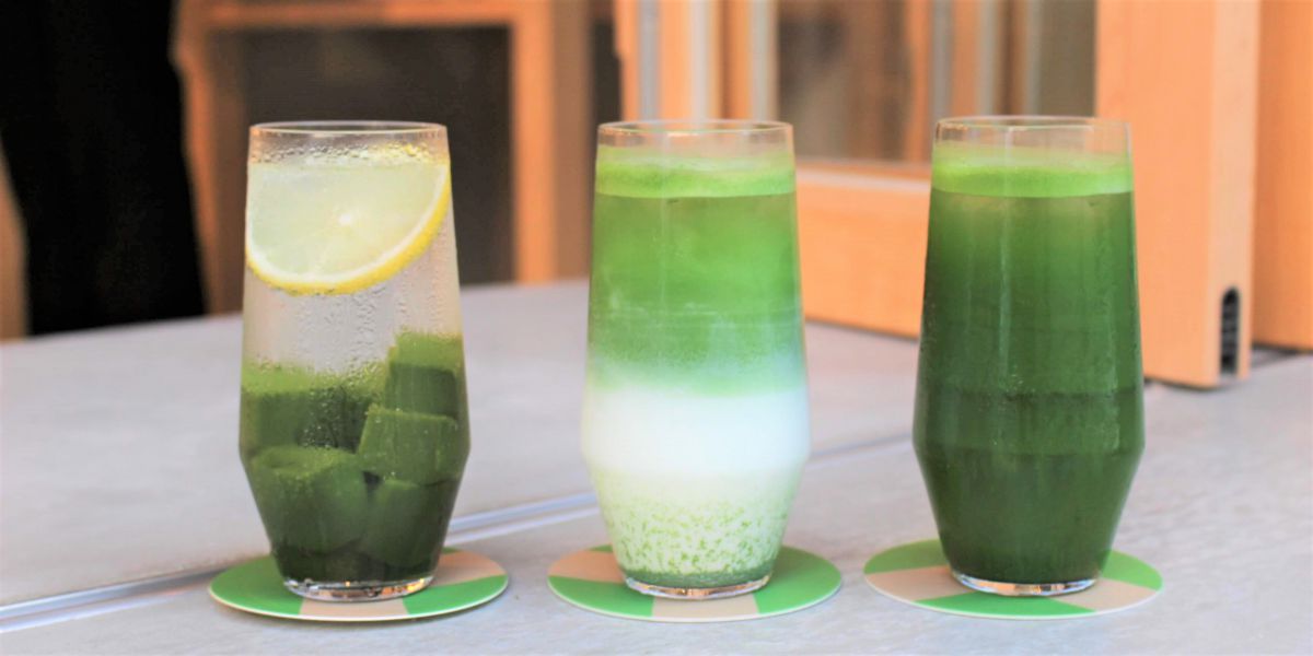 左から、「MATCHA ゼリーサイダー」660円、「MATCHAラテ」495円、「MATCHAグリーンティー」330円