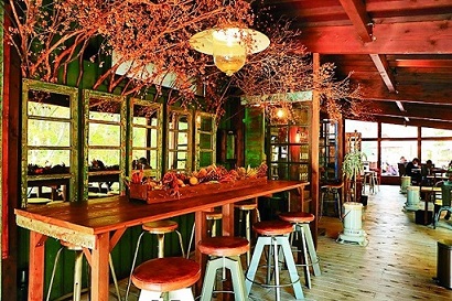 店内の大きなガラス窓から森と小川が見える