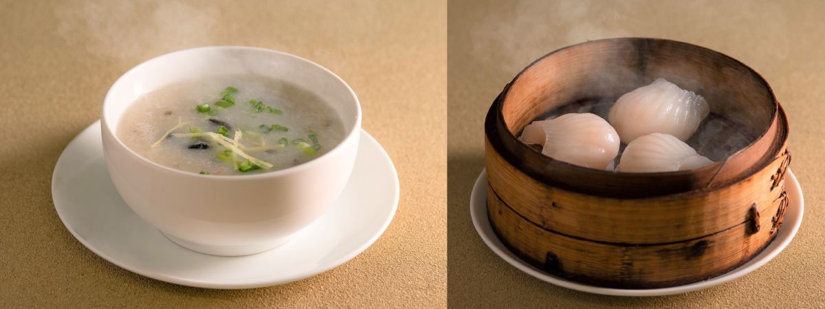 皮蛋咸肉粥（ピータン入りお粥）500円、蝦餃（エビ蒸し餃子）550円