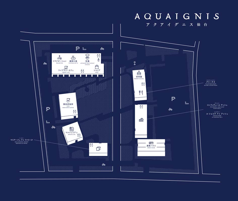 広大な敷地に7棟の建物が立つ。商業施設のほか保育園や農園ハウスなども入る