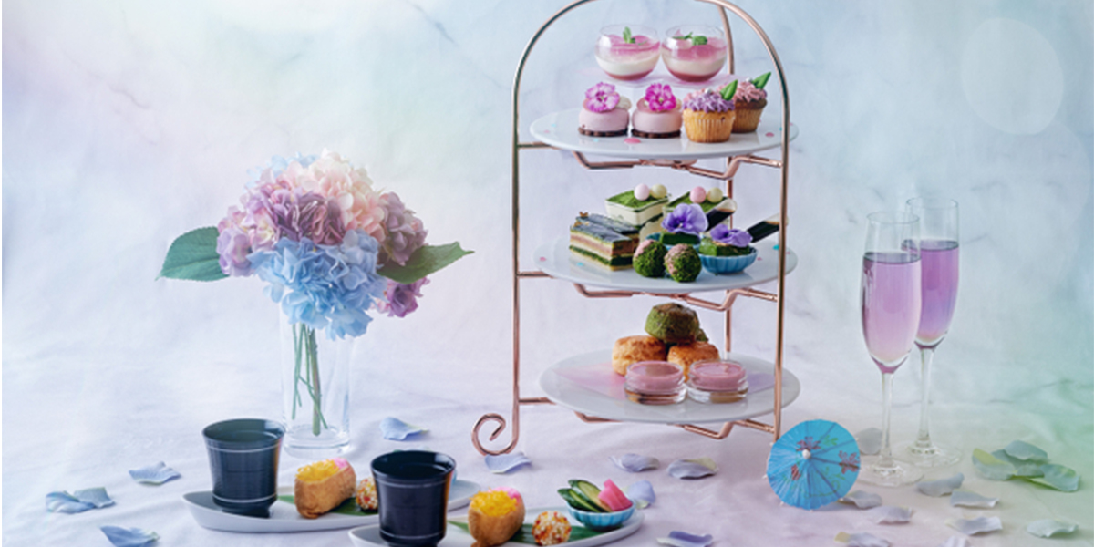 雨露にきらめく“アジサイ”イメージの和洋折衷「紫陽花＆抹茶アフタヌーンティー」が横浜で開催！