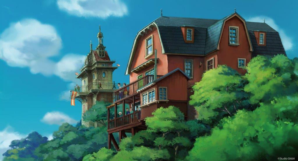 『耳をすませば』の「地球屋」（手前）と、エレベーター塔（奥）／©Studio Ghibli