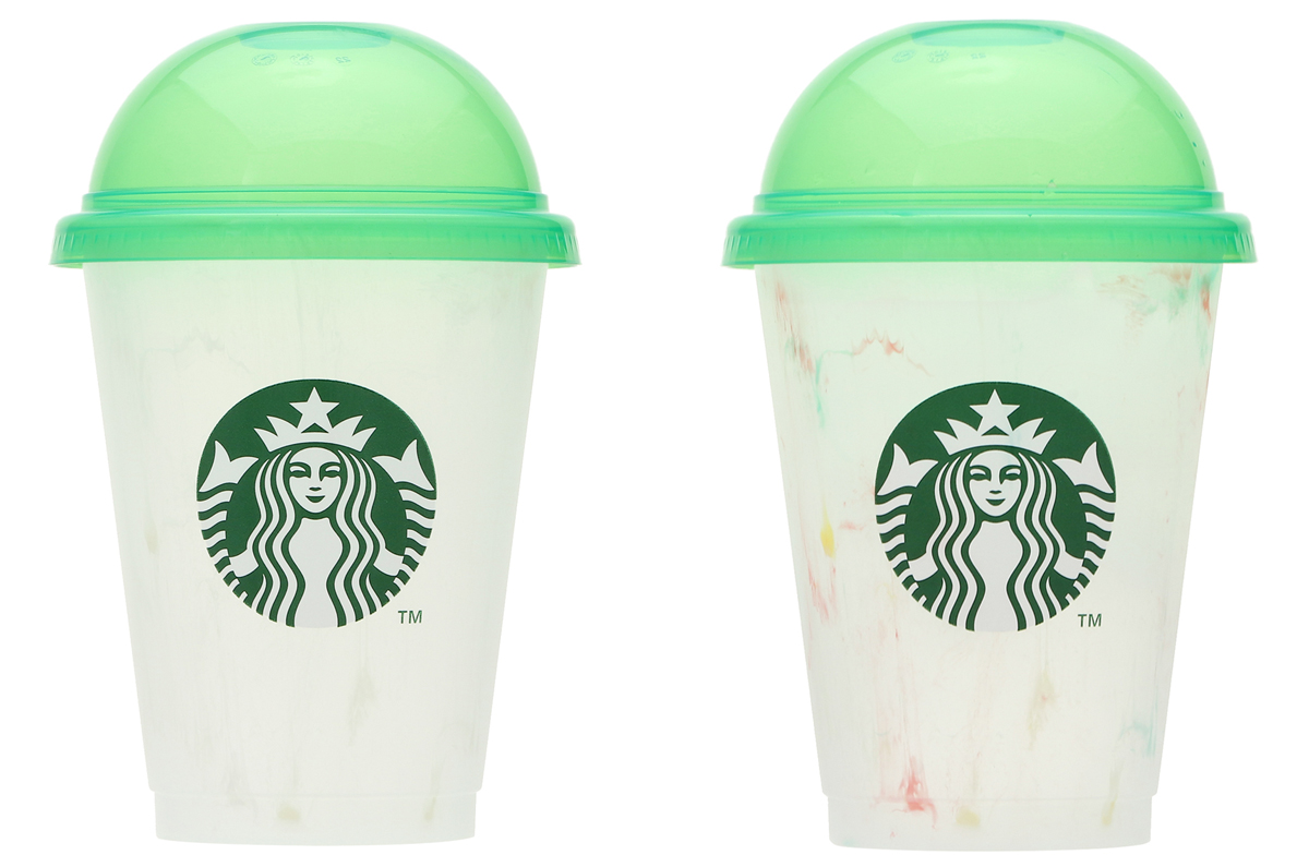 「カラーチェンジングリユーザブルコールドカップグリーン」473ml 440円（写真左から通常時、色が変わった状態）