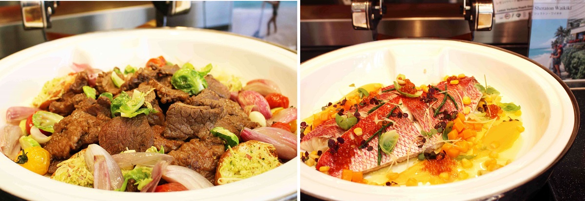 「フラットアイアンビーフ」（写真右）、レモンバベーナ風味の尾長鯛のポシェ（写真左）