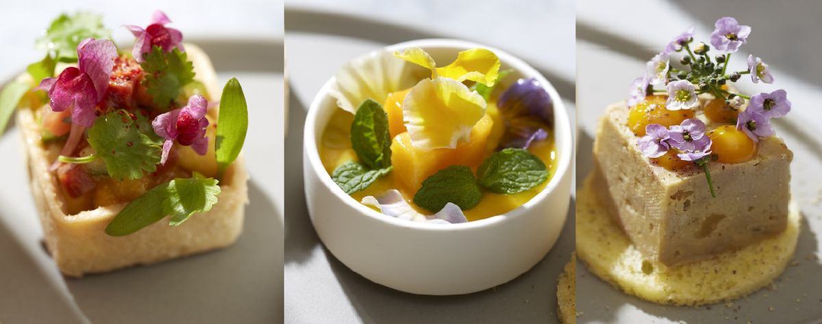 （左から）「マンゴーとイベリコチョリソーのタルト」、「マンゴーのガスパチョ」、「マンゴーとフォアグラのテリーヌ」