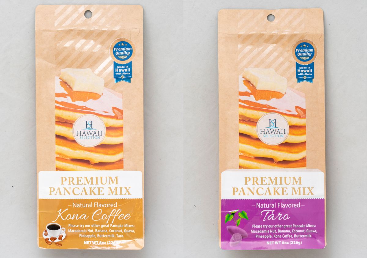 「ハワイ産コナコーヒーとタロイモフレーバーのパンケーキミックス」各5.79