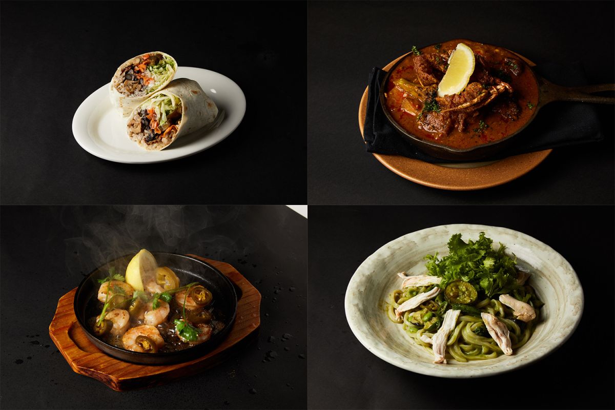 （写真左上）夏のハラペーニョ＆照り焼きチキンブリトー／タコリッコ 1100円＜辛さレベル…★、虎ノ門ヒルズエリア＞（右上）サブジクラブ／THE CITY BAKERY BRASSERIE RUBIN 2200円＜辛さレベル…★★、アークヒルズエリア＞（左下）ハラペーニョと海老の鉄板焼き／RUBY JACK'S Steakhouse & Bar 1450円＜辛さレベル…★、アークヒルズエリア＞（右下）緑の悪魔（グリーンデビル）／創作うどんとおでん居酒屋 あんぷく 1200円＜辛さレベル…★★、虎ノ門ヒルズエリア＞