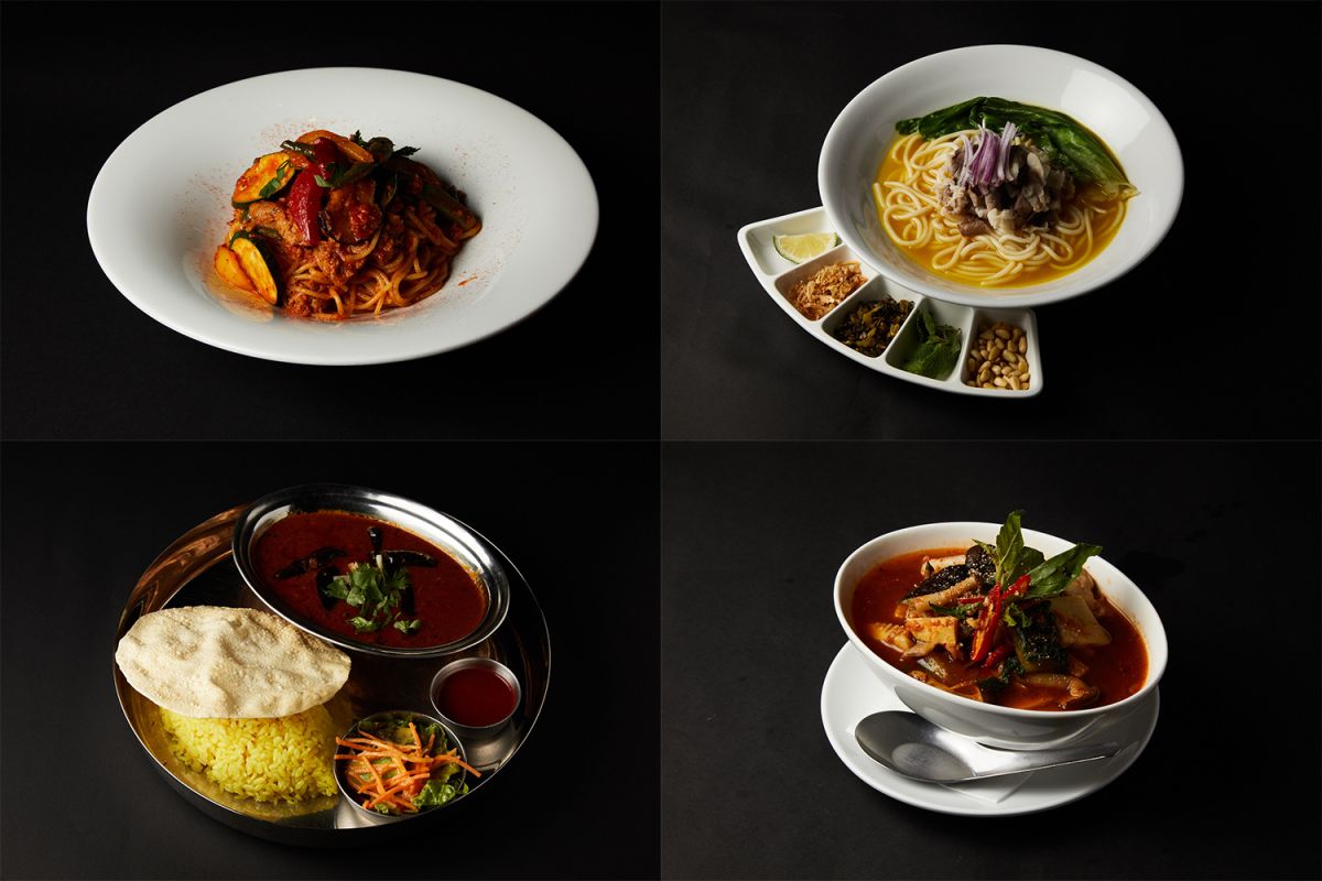 （写真左上）自家製サルシッチャと夏野菜の激辛アラビアータ／アークヒルズカフェ 1650円 ※1日限定10食＜辛さレベル…★★★、アークヒルズエリア＞（右上）激辛酸湯スープの米線（米の麺）／蘭苑 1500円＜辛さレベル…★★★、虎ノ門ヒルズエリア＞（左下）チキントマトラッサムプレート／ERICK SOUTH 1100円＜辛さレベル…★★★、虎ノ門ヒルズエリア＞（右下）ゲーンパー（ジャングルカレー）／タイ料理 クンテープ 1250円＜辛さレベル…★★★、虎ノ門ヒルズエリア＞