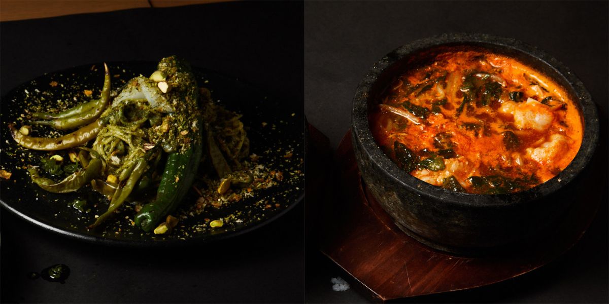 （写真左）茨城県産大津港の剣先イカとピスタチオの青唐ジェノベーゼ／虎ノ門ARBOL 2000円 ※1日限定5食＜辛さレベル…★★★★（※通常は★★）、虎ノ門ヒルズエリア＞（右）地獄鍋ファイナル／焼肉 天 がむしゃら 1430円 ※1日限定10食＜辛さレベル…★★★★★（※通常は★★）、アークヒルズエリア＞