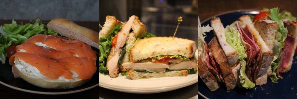 （左から）サーモンとクリームチーズのベーグル 748円、岩塩ハーブチキンのソテーサンド 748円、ビーフパストラミサンド 748円