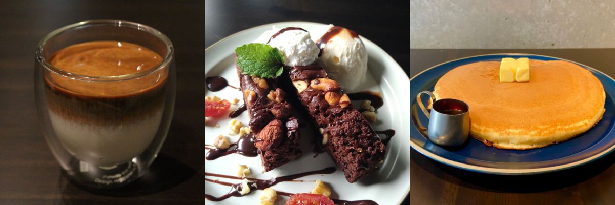 （左から）はちみつミルクコーヒー 638円、米粉のブラウニー 638円、ホットケーキ 418円 ※モーニングはホットコーヒー付きで528円