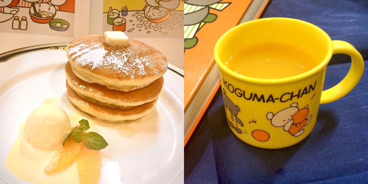 （左）はちみつのパンケーキ アイスクリームのせ 980円 （右）スーベニアカップ付き 100%ジュース（アップル・オレンジ） 750円