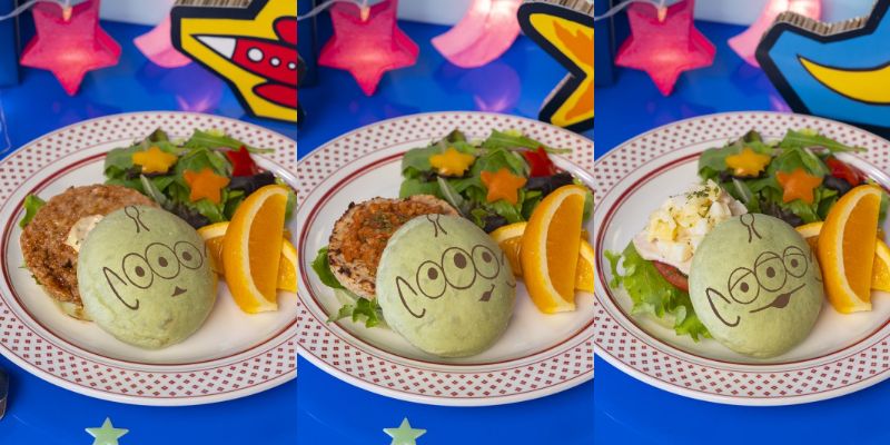 （左から）「<エイリアン>バーガーA(テリヤキ大豆ミート) 」2079円、「<エイリアン>バーガーB(トマト大豆ミート）」2079円、<エイリアン>バーガーC(チキン&ポテト) 」2079円