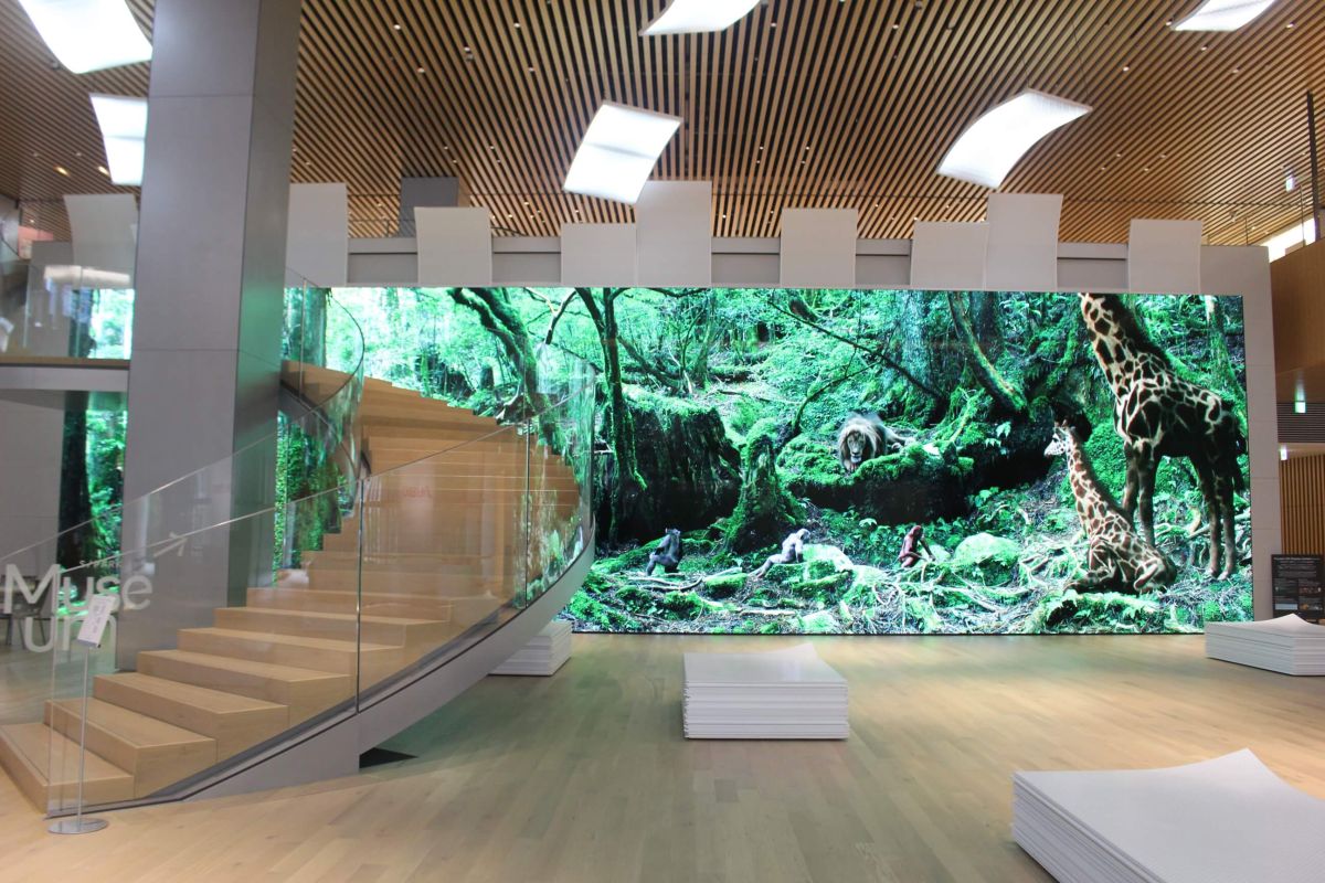 椅子や天井の白いヒラヒラの装飾は、付箋紙がモチーフ。お客さまと研究員が出会ってうまれたアイデアが付箋紙に書かれて羽ばたく様子をイメージしているそう！