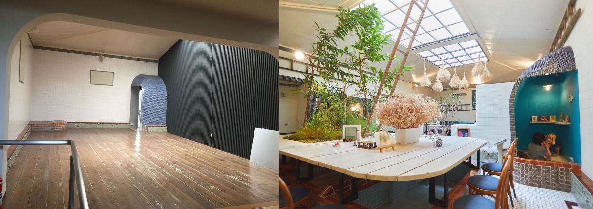 過去との比較2　左：改装前の片側（女湯または男湯）　右：大テーブルと1人席