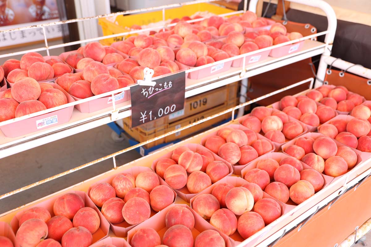 直売所では桃やジュースなどを販売。待ち時間に立ち寄ってみよう