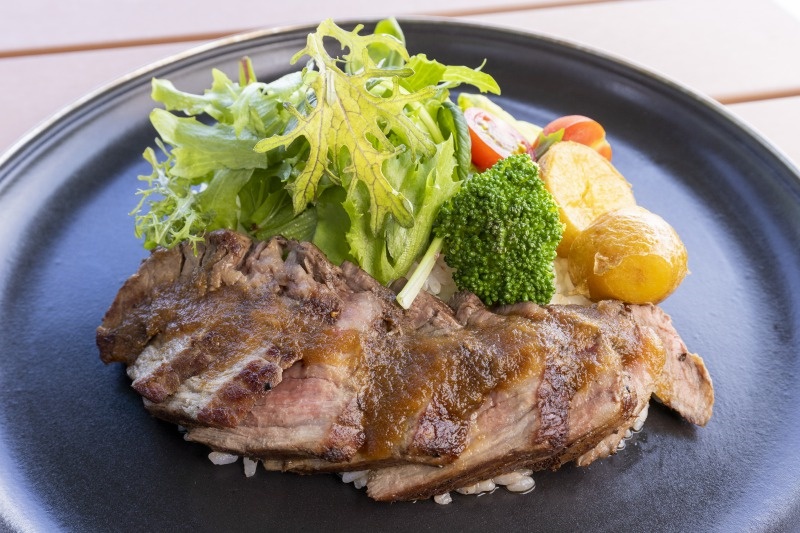 若狭の地酒「早瀬浦」仕立てのソースで赤身肉を味わう、三ツ星若狭牛ステーキライス2800円。