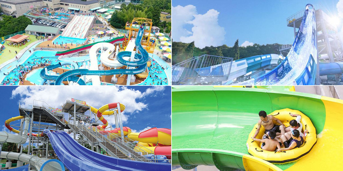 （左下から時計回りに）蓮沼ウォーターガーデン／サントピア岡山総社 レジャープールWAPS／ネスタリゾート神戸 “WATER FORT”／姫路セントラルパークアクエリア