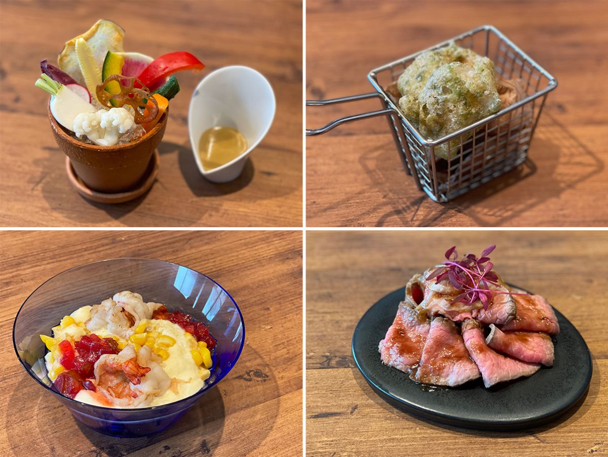 （写真・左上）バーニャカウダ　蟹味噌のソース（右上）銀ダラのベニエ（左下）ブラックタイガー、トウモロコシ（右下）ローストビーフ