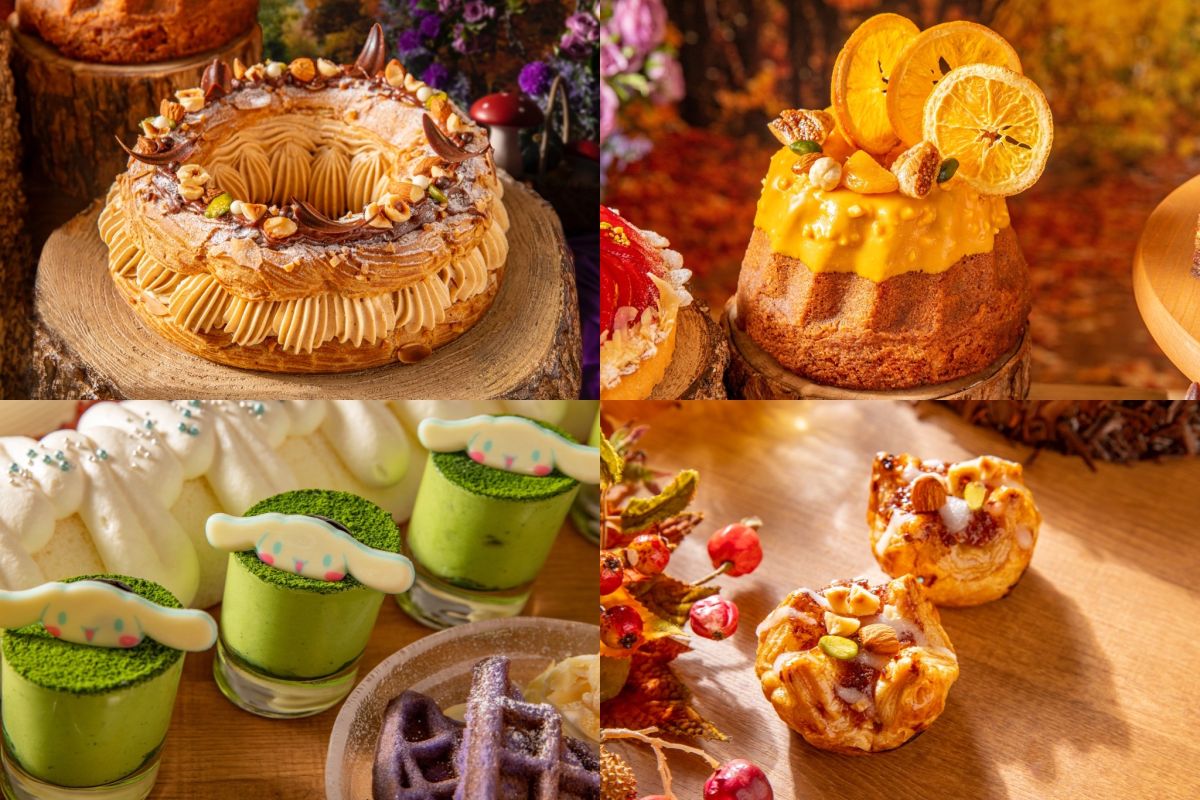 （左上から時計回りに）プラリネパリブレスト、無花果&オレンジカラメルのクグロフ、マロンパイ、グリーンティーティラミス