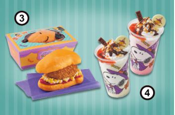 （左）ハロウィーン・バーガーセット ●●●円／（右）ハロウィーン・スヌーピー・シェイク（●●●円）