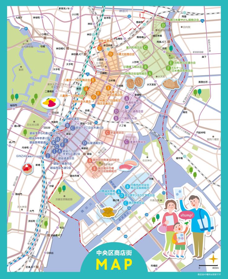 青（A～K）：銀座エリア、オレンジ（A～G）：日本橋・京橋・八重洲エリア、緑（A～F）：人形町・浜町・東日本橋エリア、紫（A～D）：茅場町・八丁堀・湊エリア、赤（A～C）：築地・新富エリア、水色（A～D）：月島・勝どきエリア