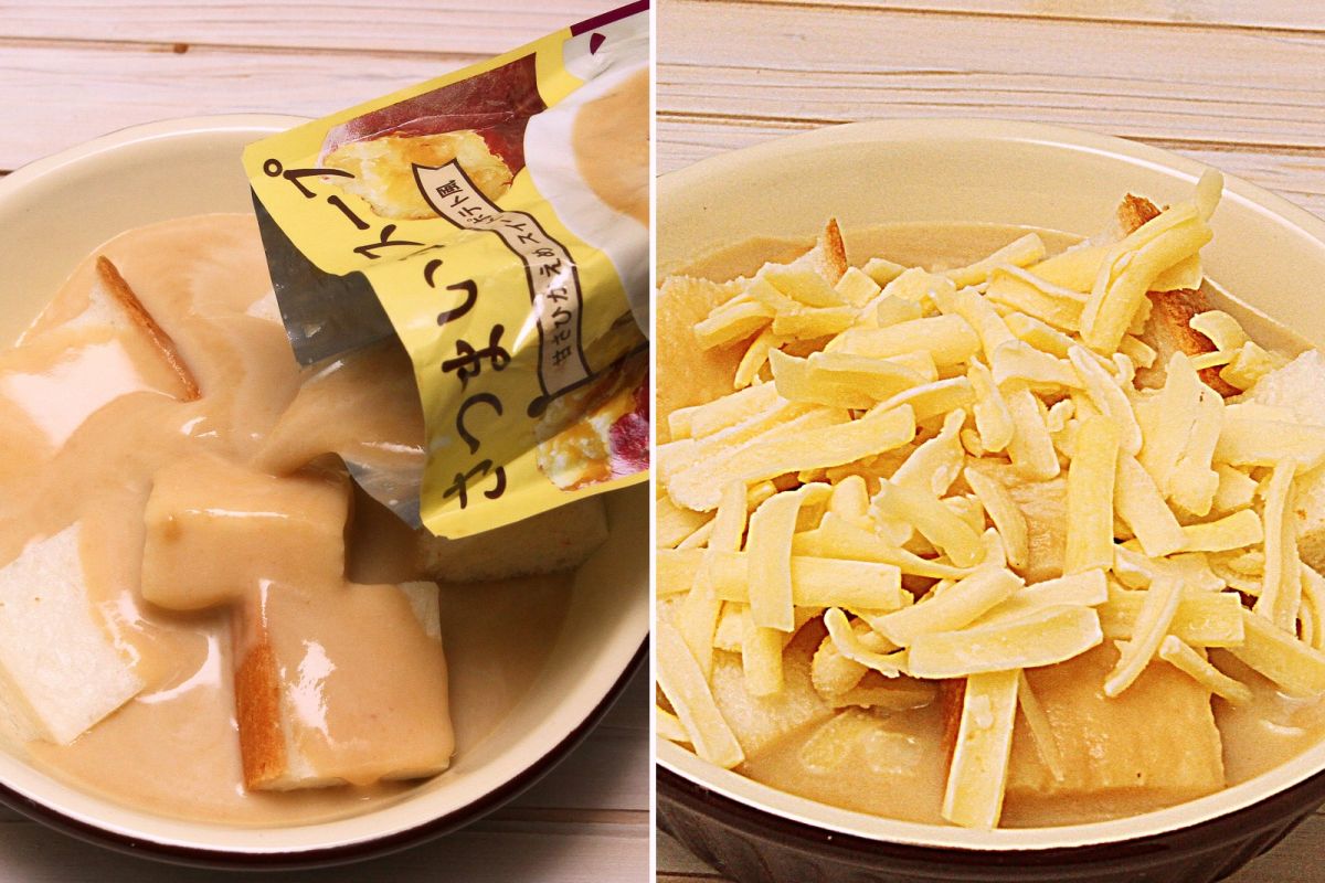 左／耐熱容器にパンを切って入れる。右／溶けるチーズをのせる。