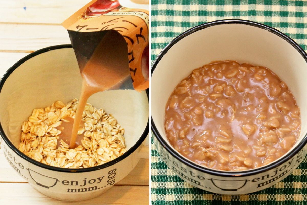 左／器にオートミールを入れ、スープを注ぐ。右／電子レンジで2〜3分加熱する。