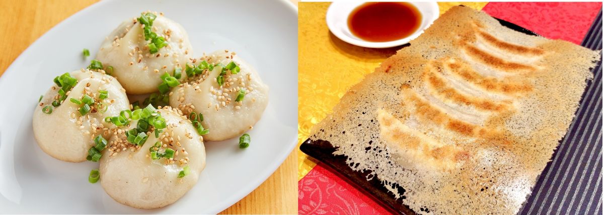 （左から）餃子の宮でんでん「小江戸川越小籠包」、「小江戸黒豚羽根付き餃子」各700円