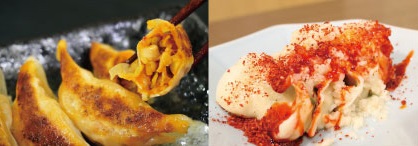 （左から）うまいもん空海「旨辛餃子」700円、味一「辛背脂水餃子」700円