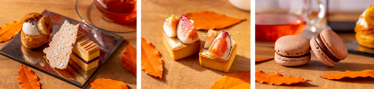 （右から）シュー・バナーヌ & カシスマロン、タルトフィグ、マカロンショコラ