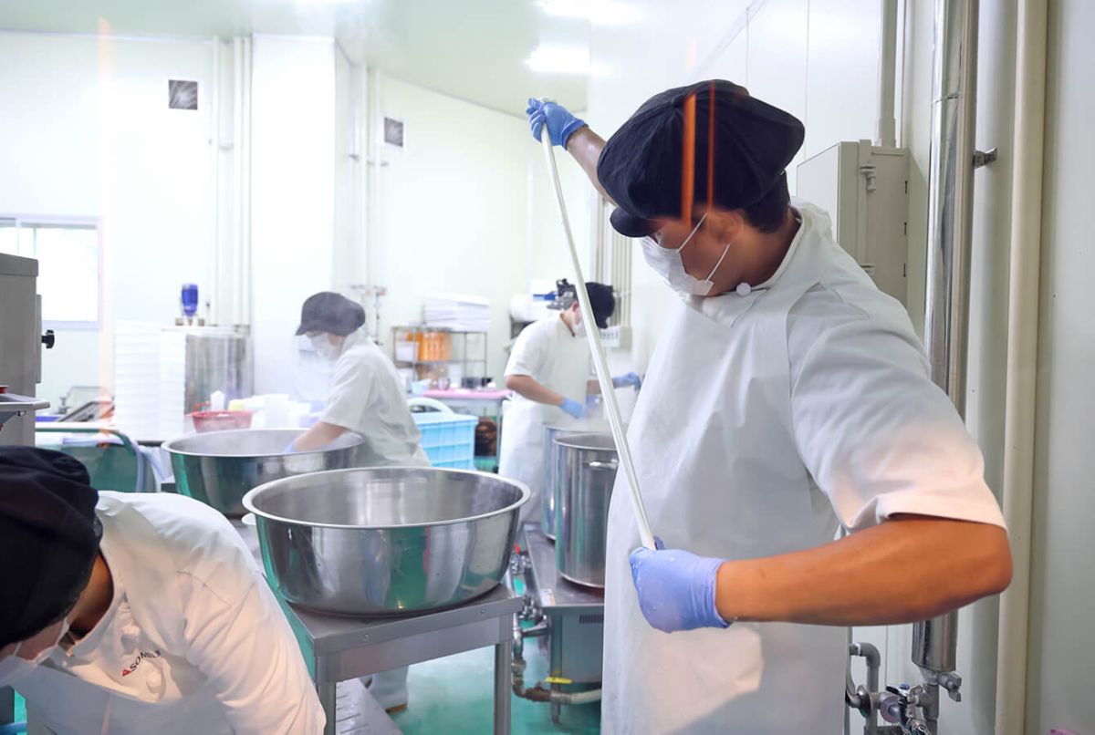 ストリングスチーズ作りは伸ばして、畳んで、を繰り返すことで繊維状のチーズにしていきます。