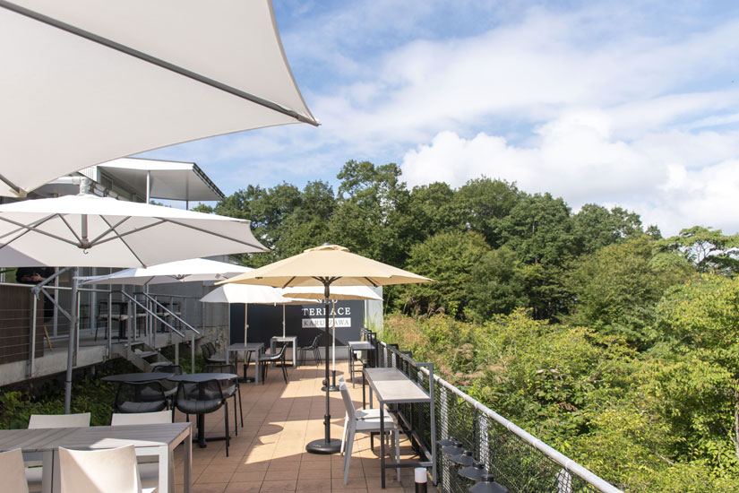 パラソルを配したテラス席は犬連れOK。豊かな緑に癒されます