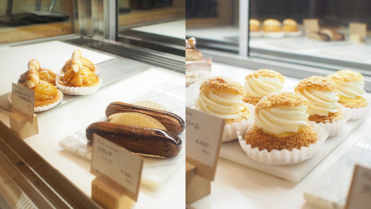 （写真左）リンゴのキャラメリゼ さつま芋のタルト 750円、エクレア（ショコラ）750円、（右）シュークリーム 450円