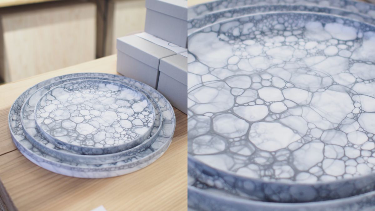 グレー泡 シャーレ（上から）18.5cm 4290円、22cm 7128円、25.5cm 9240円