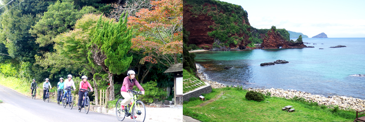 左／走行しながらガイドが島の魅力を紹介　右／火山活動でできた赤い崖が特徴の明屋海岸