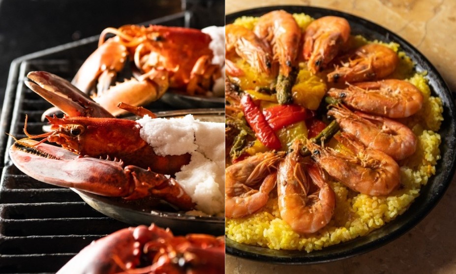 オマールエビの岩塩焼き(左)、天使エビと季節野菜の柚子味噌パエリア(右)(写真は6名分)