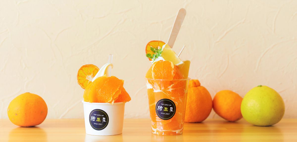 左から「みかんソフトクリーム」300円〜＋生みかんトッピング100円、「みかんパフェ」650円～（数量限定）