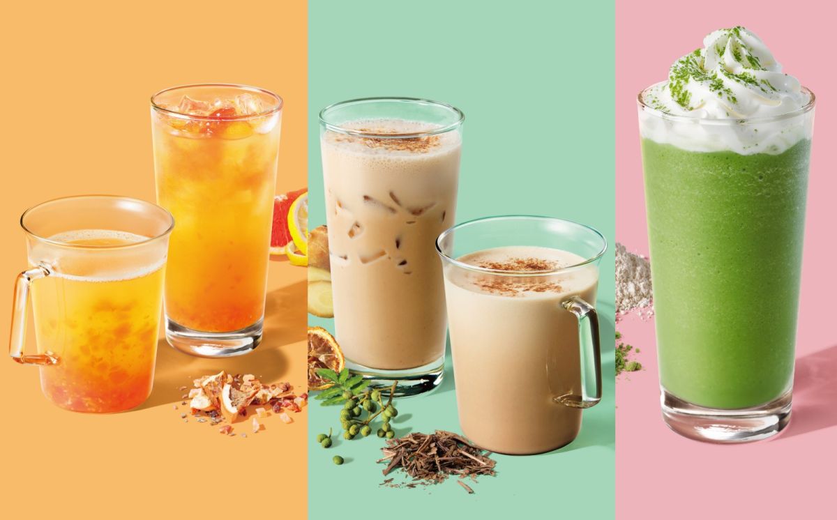 左より「ティークリエイション」「ティー ラテ」「フラペチーノ<sup>®</sup>」の3カテゴリー