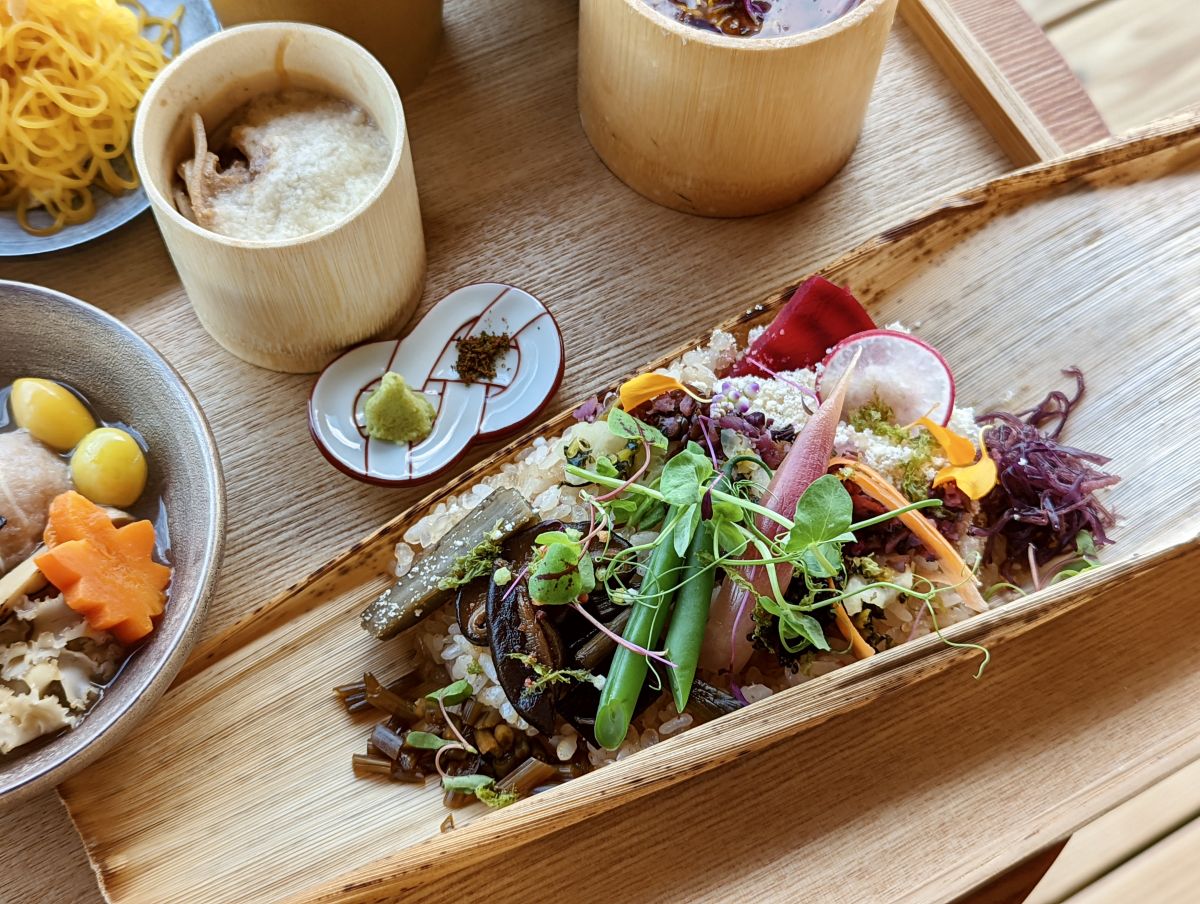 「山の芽吹きバラちらし、竹包み」