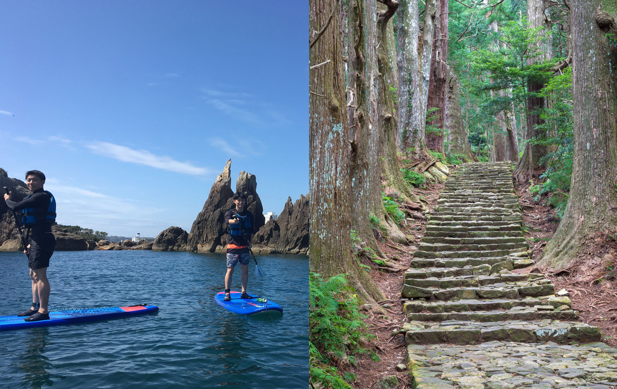 左／橋杭海水浴場でSUP体験　右／大門坂